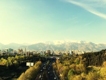 View of cityscape with mountain range in background