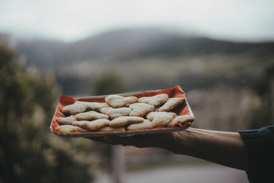 Close-up of hand holding bread against sky