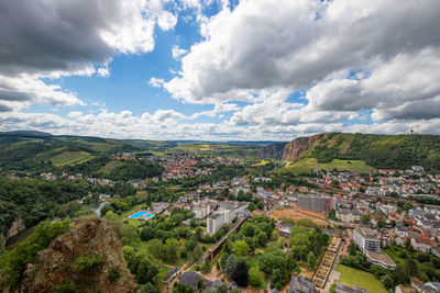 High angle view of townscape against sky