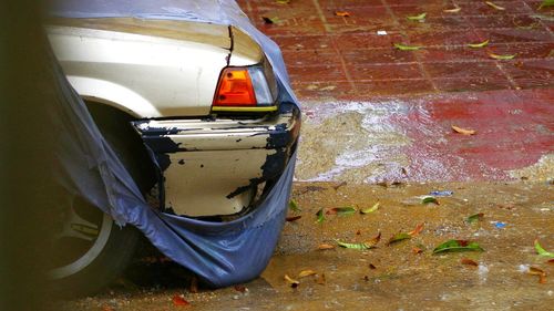 High angle view of wet car in city