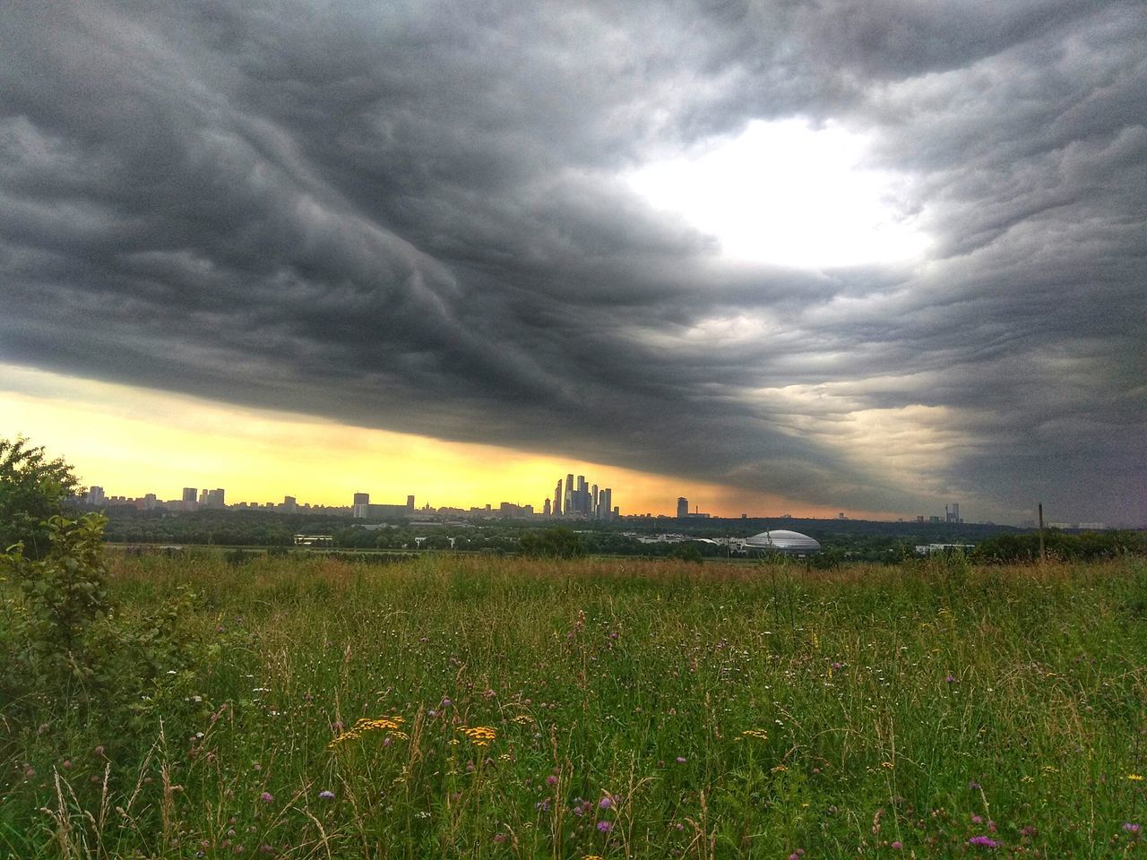 field, sky, nature, grass, cloud - sky, no people, landscape, growth, agriculture, tranquility, sunset, tranquil scene, rural scene, beauty in nature, tree, storm cloud, scenics, plant, outdoors, day, architecture