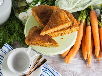 High angle view of breakfast served on table