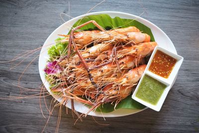 High angle view of food in plate on table