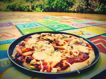 High angle view of meal served on table