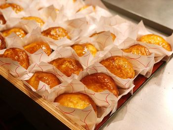 High angle view of dessert in box on table