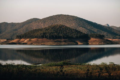 Scenic view of lake and mountains against sky