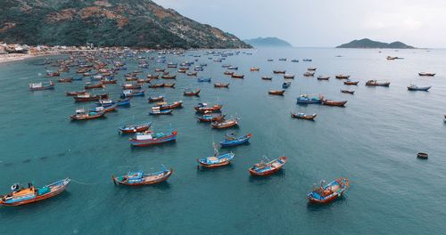 High angle view of boats in sea