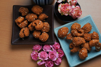 High angle view of various food on table