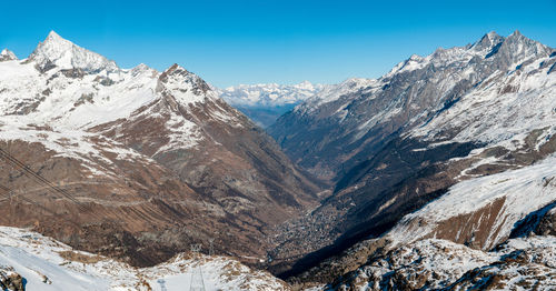 Scenic view of snowcapped mountains against clear sky