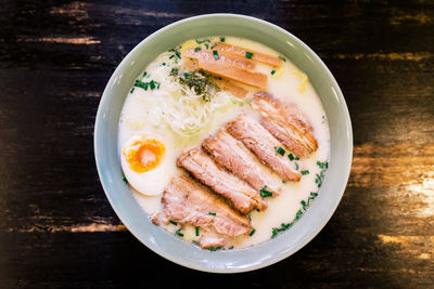 High angle view of breakfast served on table