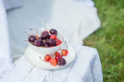 High angle view of fruits served in plate