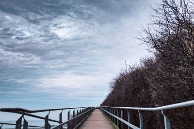 View of empty footbridge by trees against sky