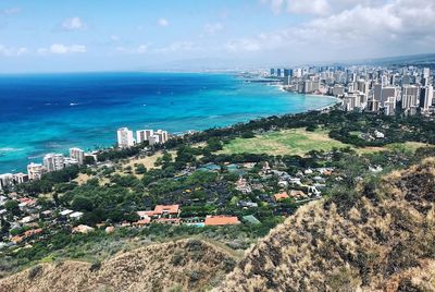 High angle view of sea and buildings against sky