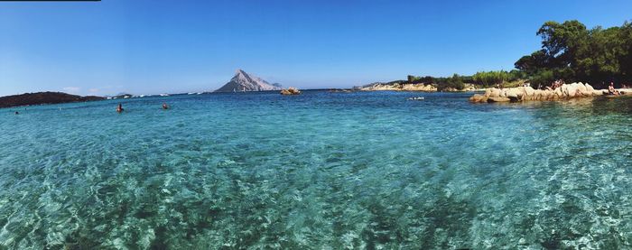 Panoramic view of sea against clear blue sky