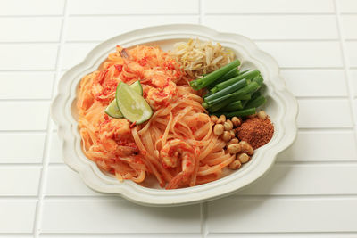 High angle view of food in plate on table