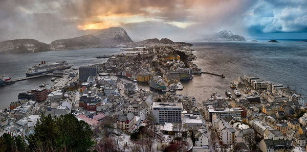 View over Ålesund from aksla mountain during an incoming snowstorm, norway.