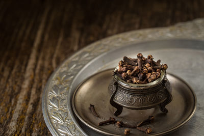 High angle view of coffee beans on table