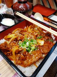 High angle view of food served on table