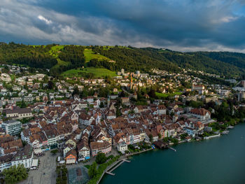 Amazing view of the swiss village during the sunset from drone.