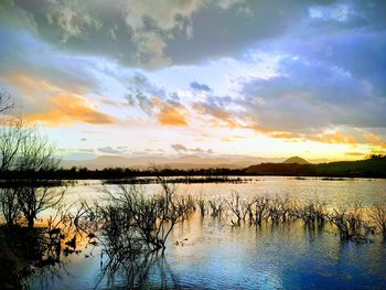 Scenic view of lake against sky during sunset