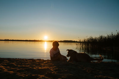 Dog sitting on beach during sunset