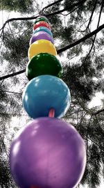 Low angle view of multi colored ball hanging on tree