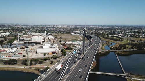 High angle view of bridge over river against sky