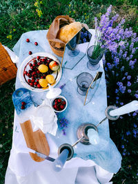 High angle view of meal served on table