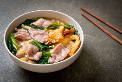 High angle view of soup in bowl on table