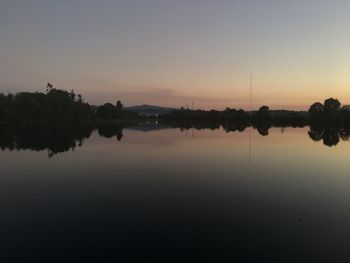 Reflection of silhouette trees in water at sunset