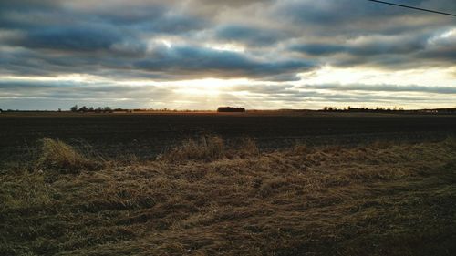 Scenic view of field against cloudy sky