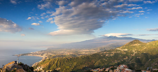 Aerial view of landscape and mountains against sky