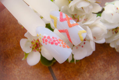 High angle view of white flowers on table