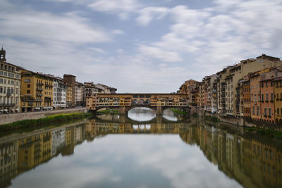 Arch bridge over river amidst buildings in city against sky