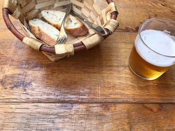 High angle view of beer on table