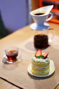 Close-up of dessert served on table