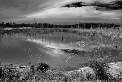 Scenic view of lake against cloudy sky