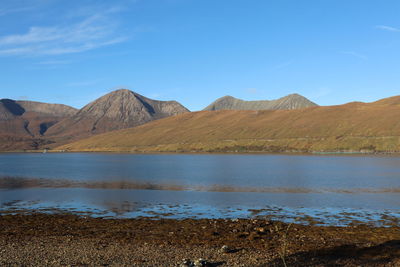 Scenic view of lake and mountains against sky