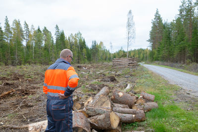 Rear view of man standing in forest