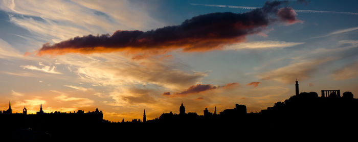 Silhouette of buildings at sunset