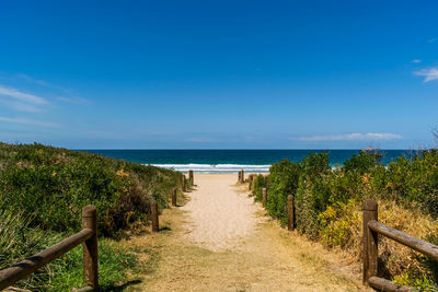 Scenic view of beach against blue sky