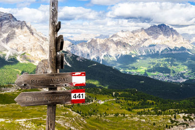 Information sign on snowcapped mountains against sky