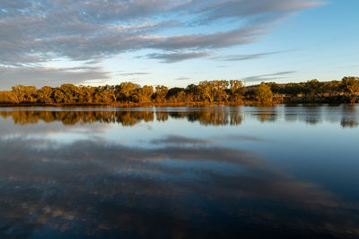 Scenic view of lake against sky during sunset