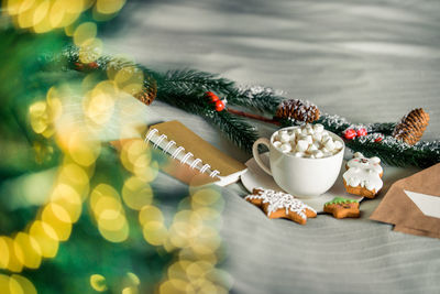 Close-up of hot chocolate on table during christmas