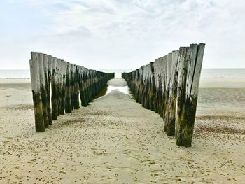 Wooden posts on beach against sky