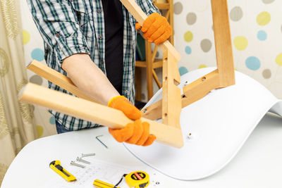 High angle view of man working at home