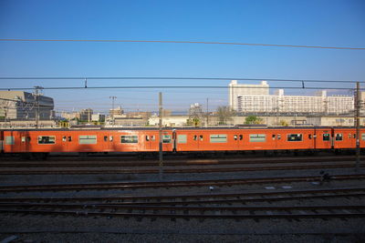Railway tracks against clear blue sky