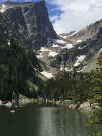 Scenic view of lake and mountains against sky