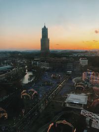 High angle view of city buildings during sunset