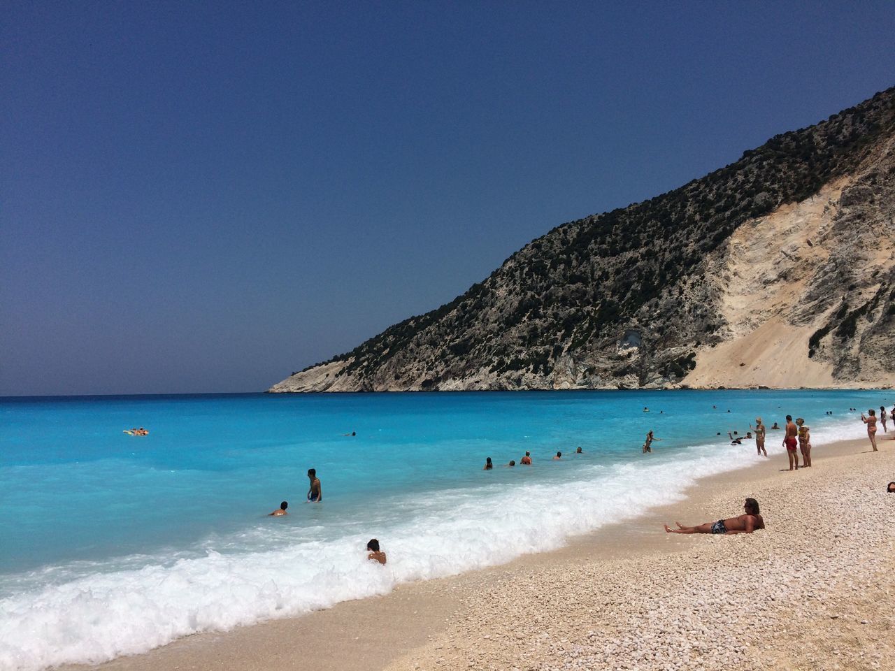 PEOPLE ON BEACH AGAINST CLEAR SKY